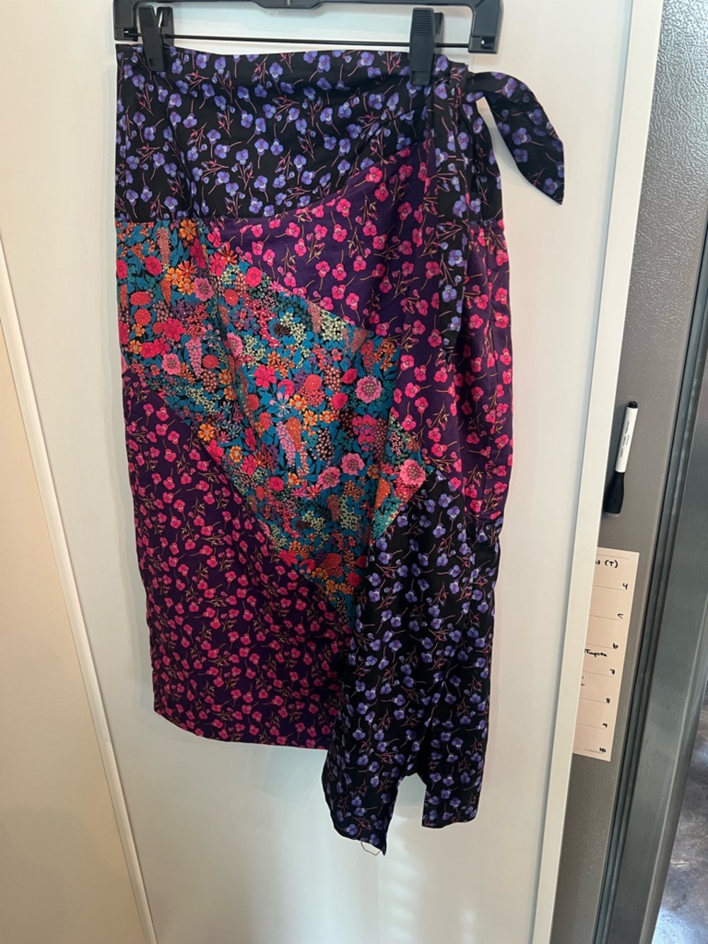 J. Crew Black Floral Skirt with Purple & Pink Accents (Faux wrap, kimono style)